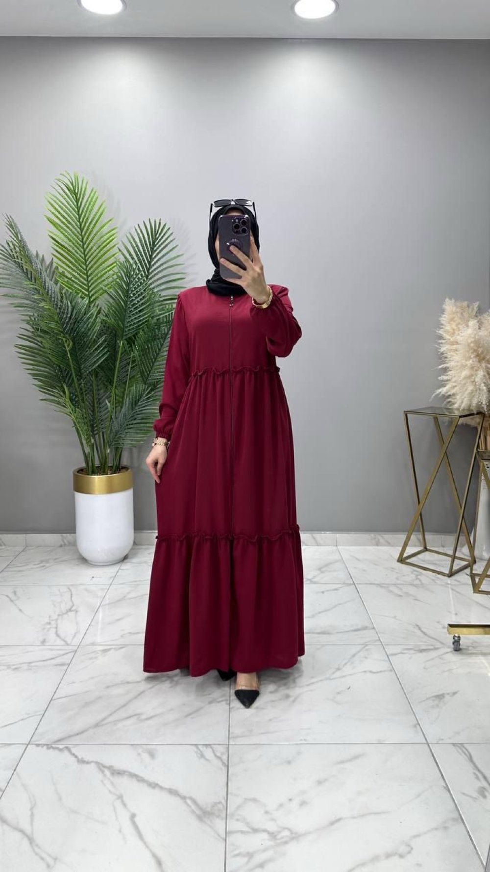 Azra Ferace Elbise Yeşil — Bordo