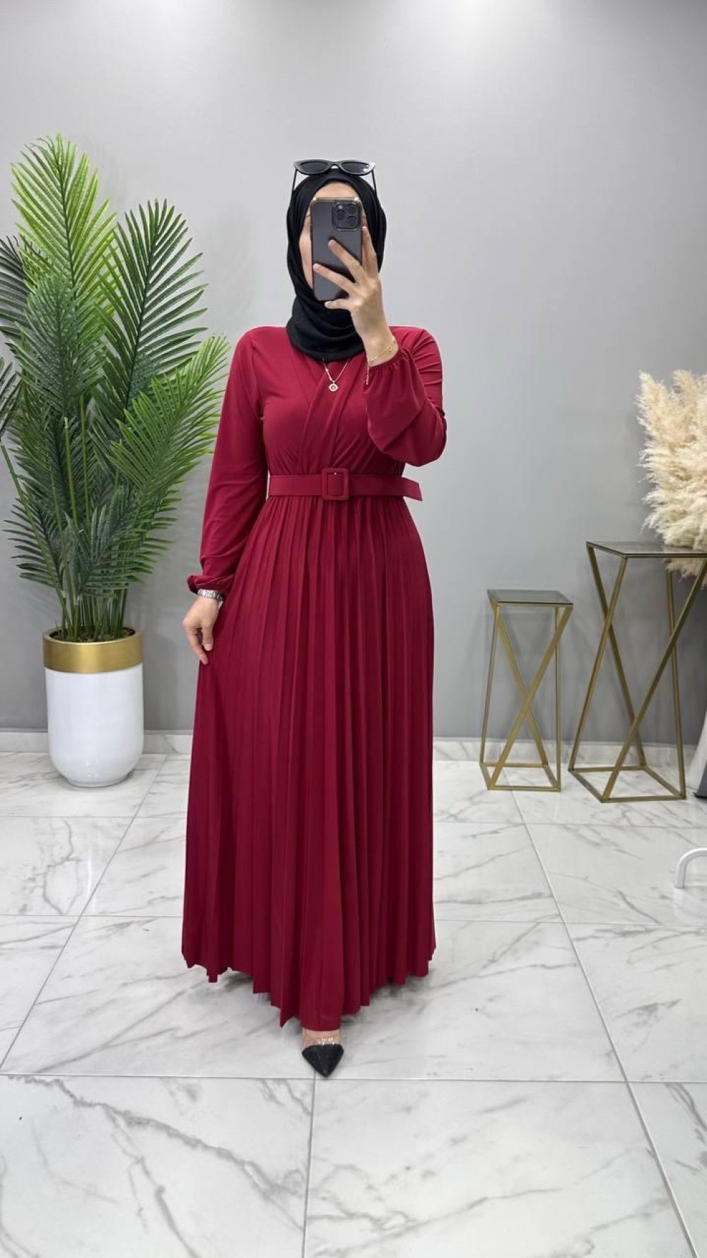 Kemerli Elbise Bordo — Bordo