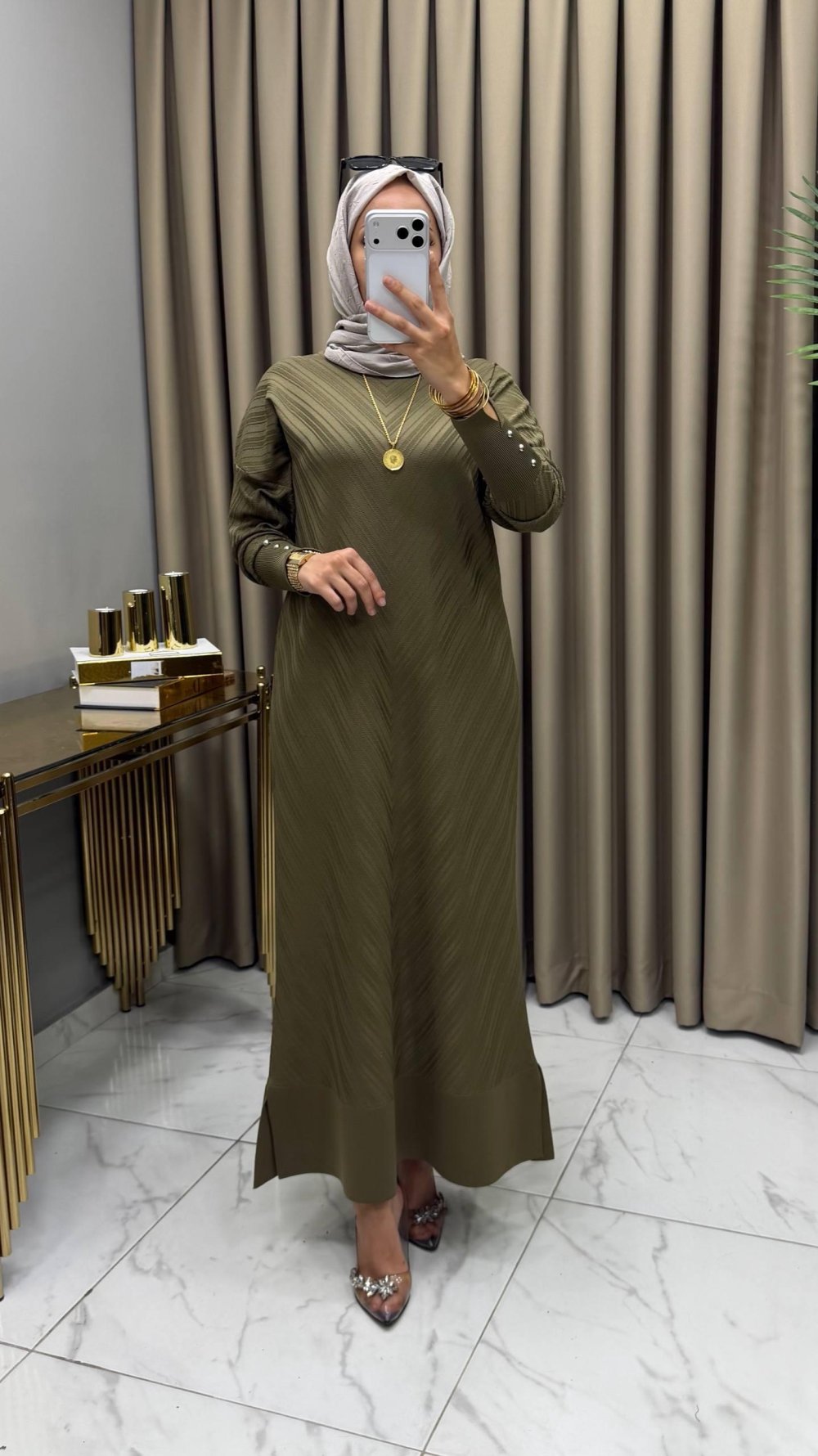 Delal Soğuk Merserize Elbise Haki — Haki